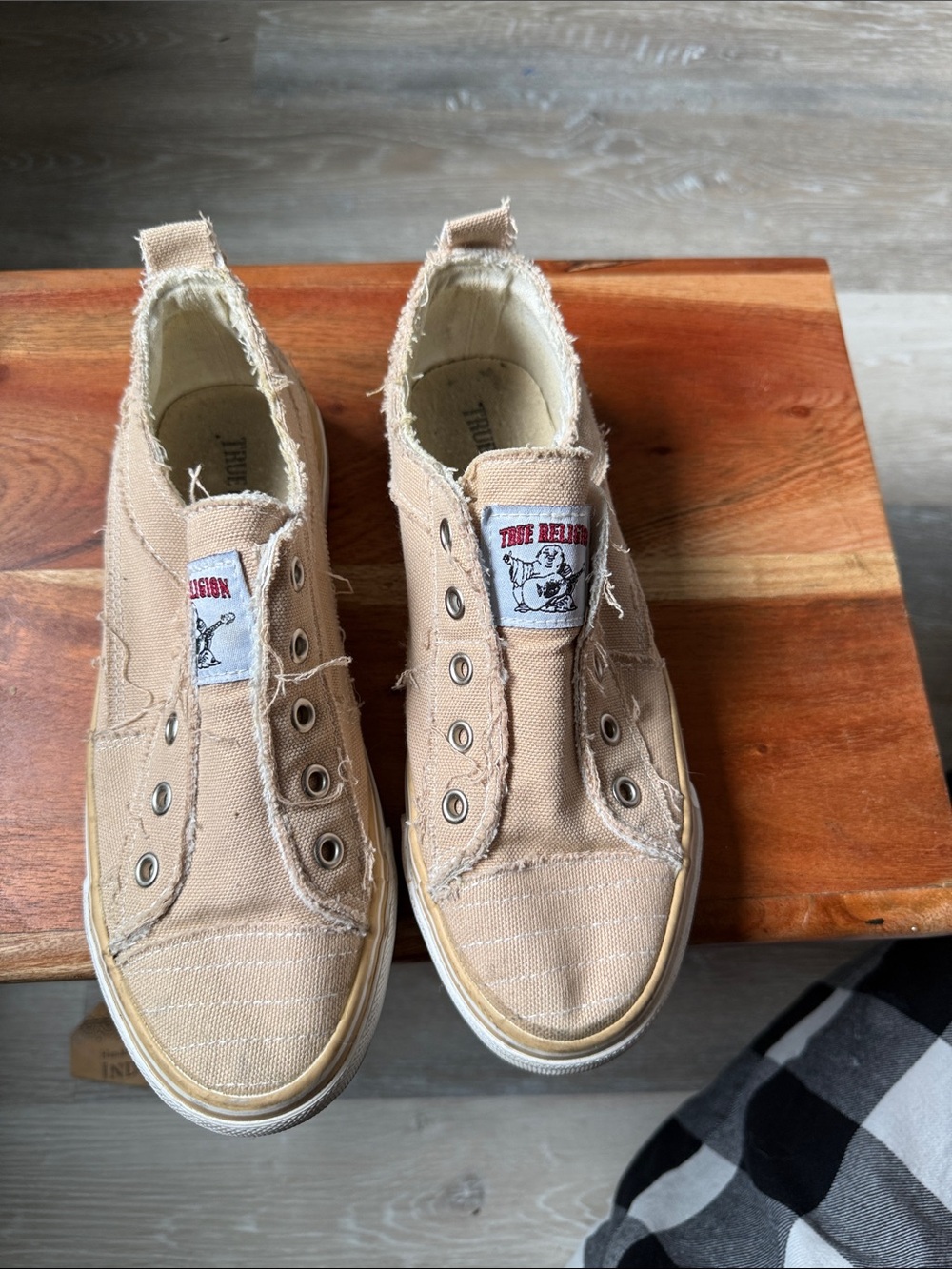 True Religion Beige Canvas Slip-On Sneakers